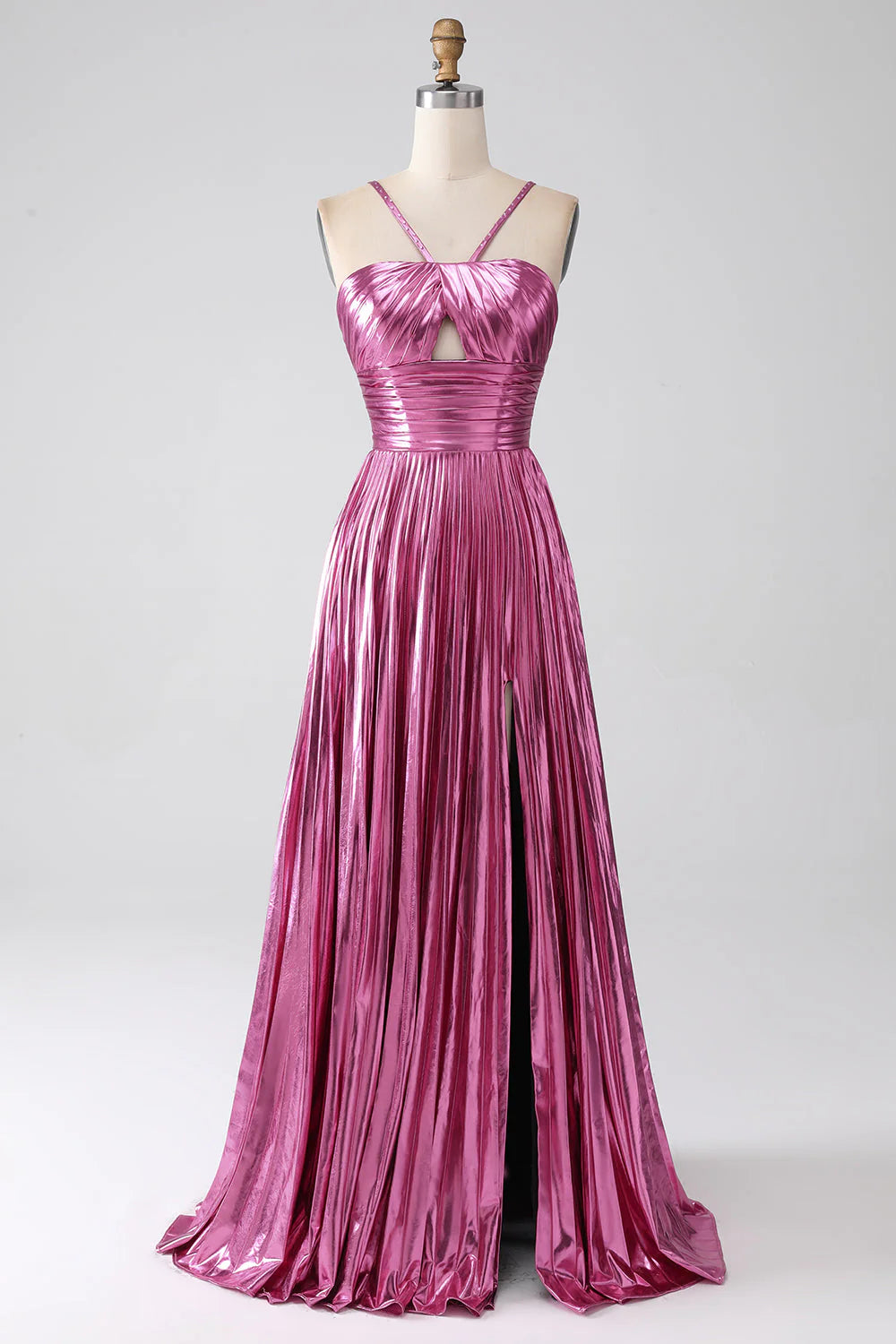 A-Line Spaghetti Straps Pleated Prom Dress With Slit